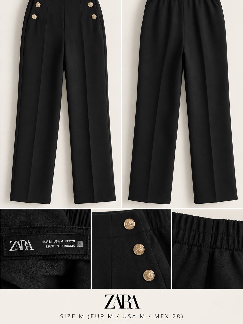 Zara Black Men's Straight-Leg Dress Pants with Gold Buttons
